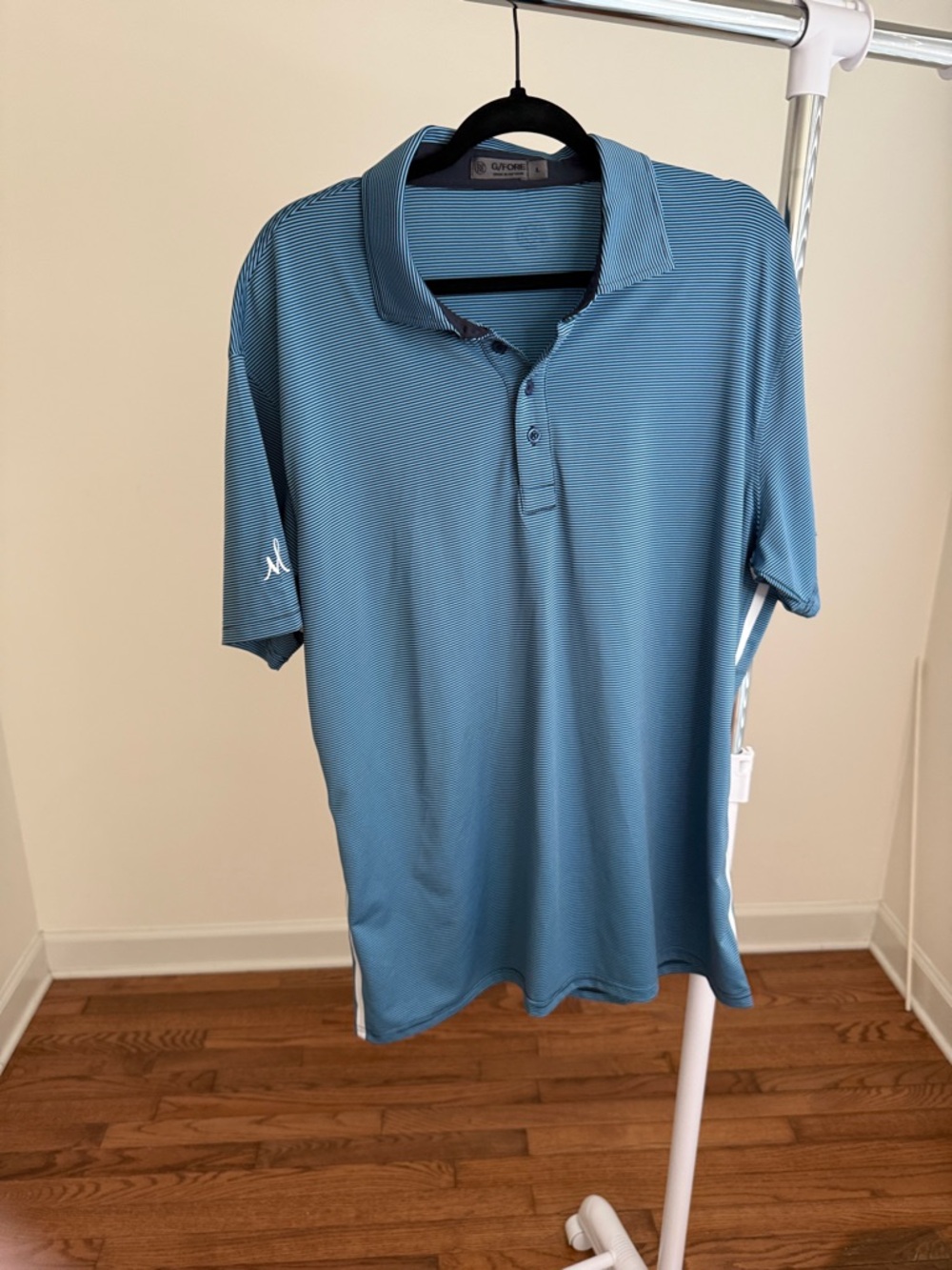 G/FORE Men's Striped Polo Shirt in Light Blue and White sz Large